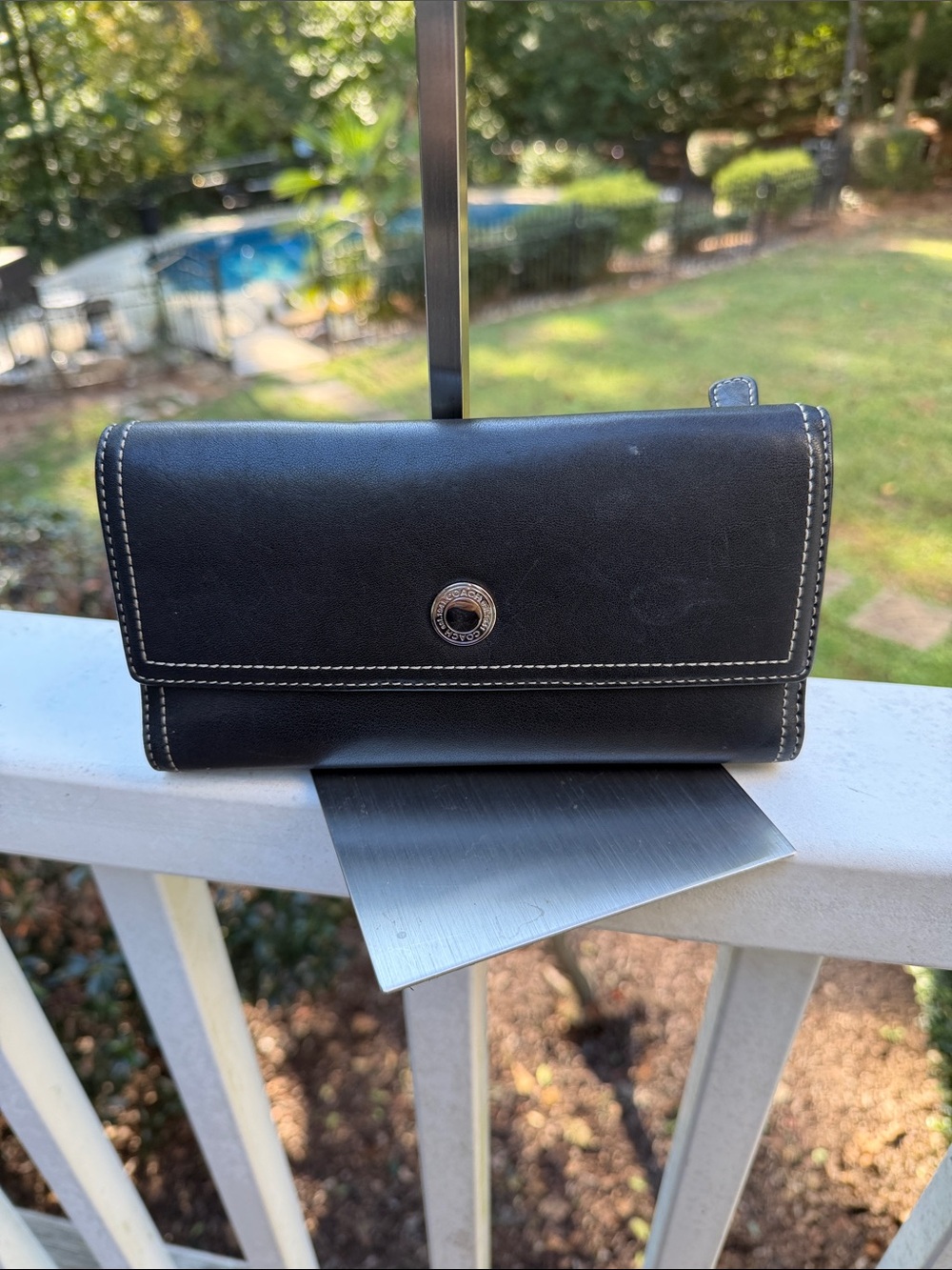 Coach Black Leather Wallet with White Stitching checkbook holder removable